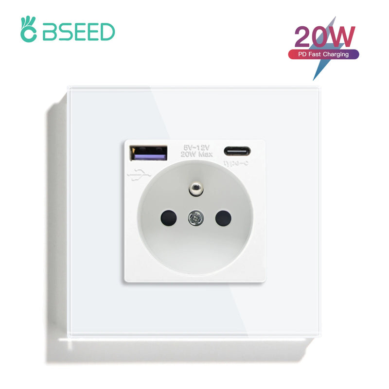BSEED France Standard Wall Electrical Outlet USB Type-C Charge Port Glass Panel 20W Fast Charge French Socket 110-250V
