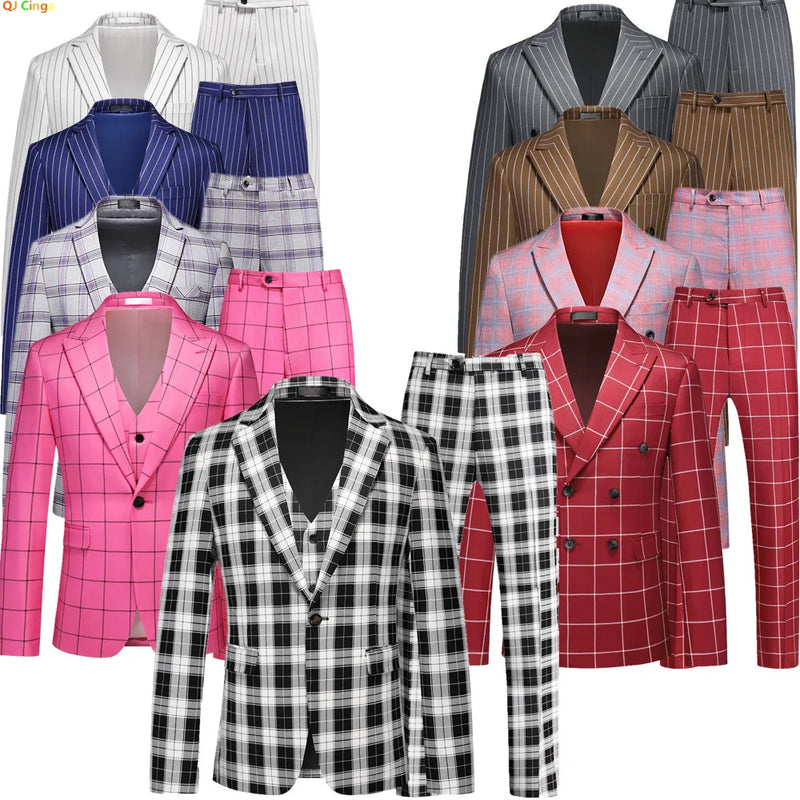 Men's Black-White Striped Plaid Suit 3-Piece, Wedding Party Dress Jacket and Vest with Trousers, Asian Sizes Red Slim Fit Sets.