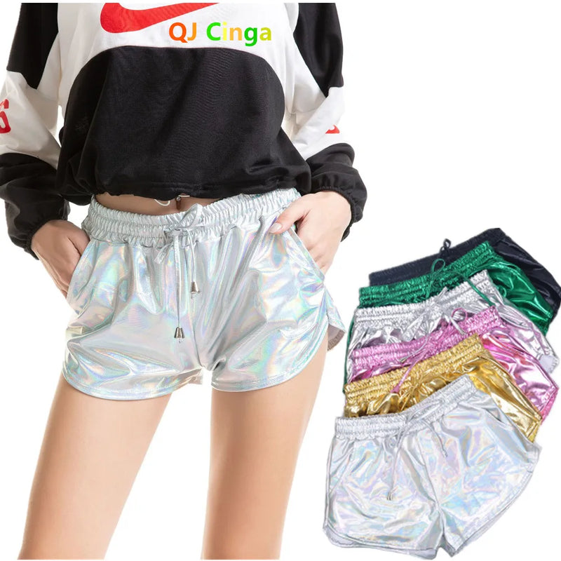 2026 Spring New Women's Silver Elastic Drawstring PU Shorts Stylish and Sexy Mini Shorts Available in Gold,Green,Black,Pink.