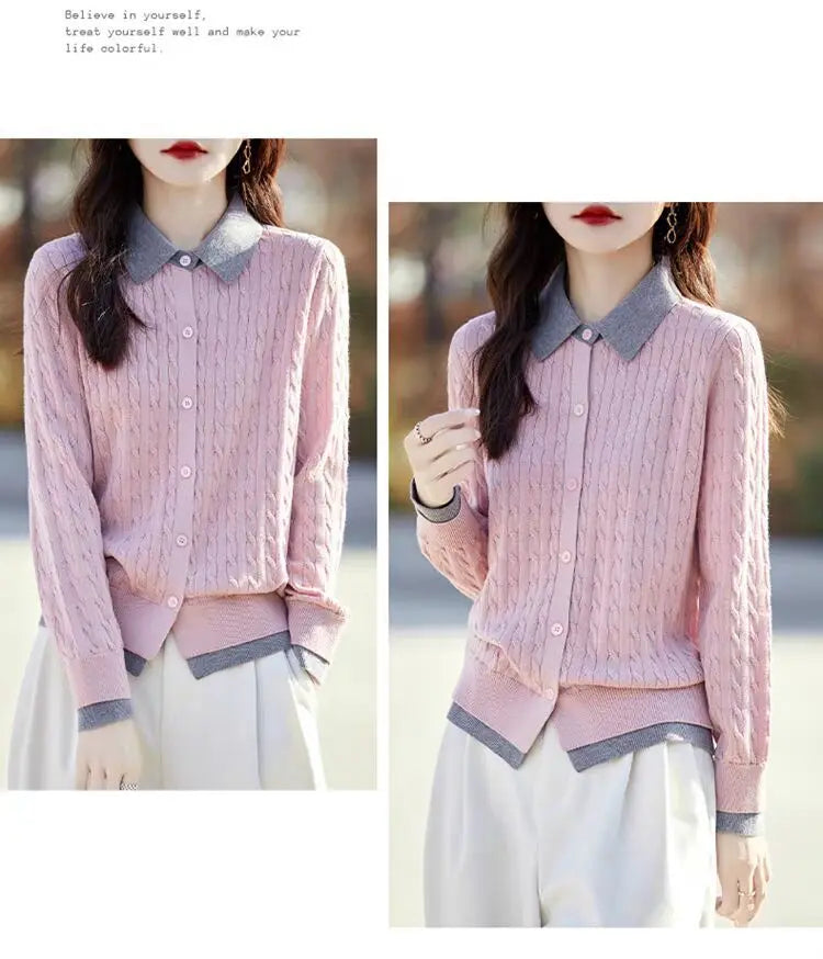 New Korean Woolen Long Sleeve Tops Female Lapel Shirt Spring Autumn Cardigan Women's Sweater Jacket Buttons Knitwear Coat