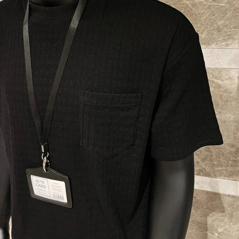 Men's 260g Ribbed Jacquard T-Shirt, Short Sleeve with Chest Pocket, Heavyweight Casual Top 35% Cotton, Breathable Sweat-wicking