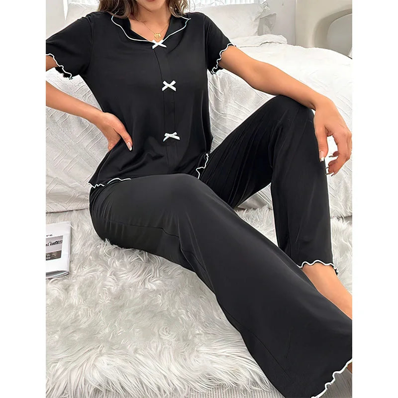 Solid Color Knitted Cotton Splicing Lace V-neck Long-sleeved Trousers Set Women's Pajamas Loungewear Sleepwear Pijamas Female