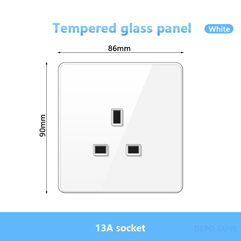 UK 13A Wall Tempered glass Socket Plug,British Standard Double 13A Wall Electrical Power Outlet Panel Black/White/Gray/Glod
