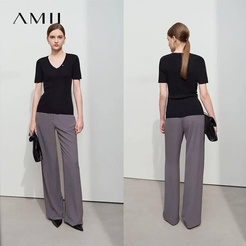អាវយឺតដៃខ្លីសម្រាប់នារី Amii Minimalist ធ្វើពីរោមចៀម 2026 រដូវស្លឹកឈើជ្រុះថ្មី ក V ស្មាខាងមុខ រាងស្លីម 12521044