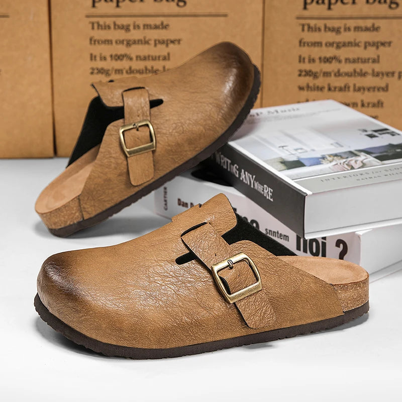 Unisex Cork Closed Toe Slippers Slip-on Clogs Slides Fashion Leather Sandals with Adjustable Buckle Backless Comfort Footbed