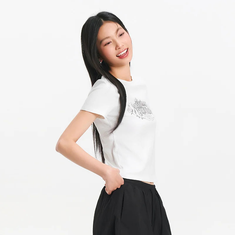 Semir Womens Tshirt 2026 Vintage Washed Printed Slim Regular Shoulder Retro American Style Casual Soft