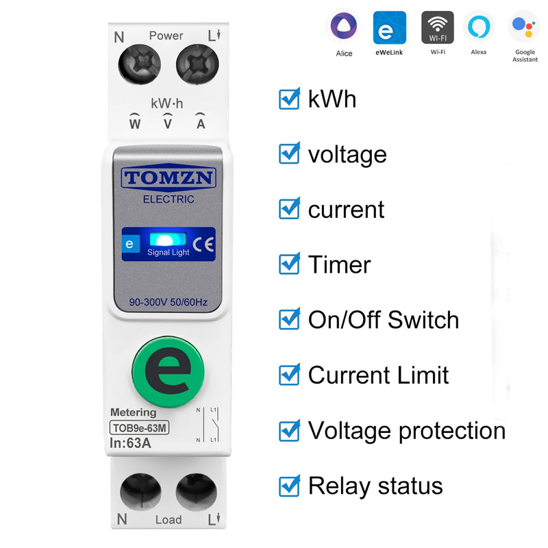 TOMZN Ewelink 1P+N 63A 110V 220V WIFI Smart Switch Energy Meter Kwh Metering Circuit Breaker Timer Relay for Smart Home