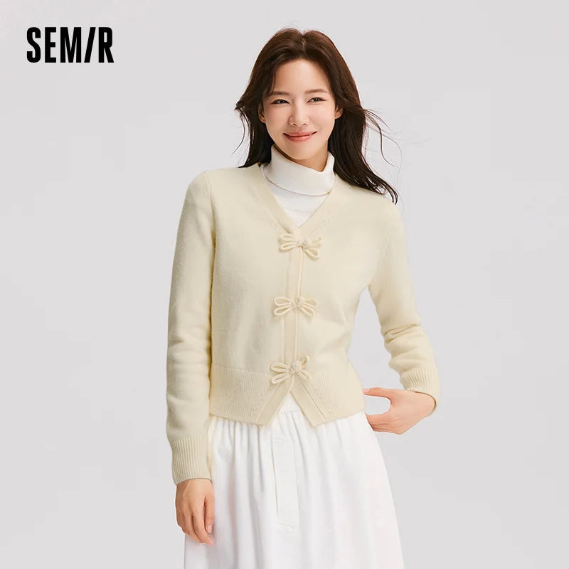 Semir Women Cardigan Bow Toggle V Neck Soft Knit Slim Fit Cropped Sweater 2026 Vintage Everyday Layering Knitwear Top