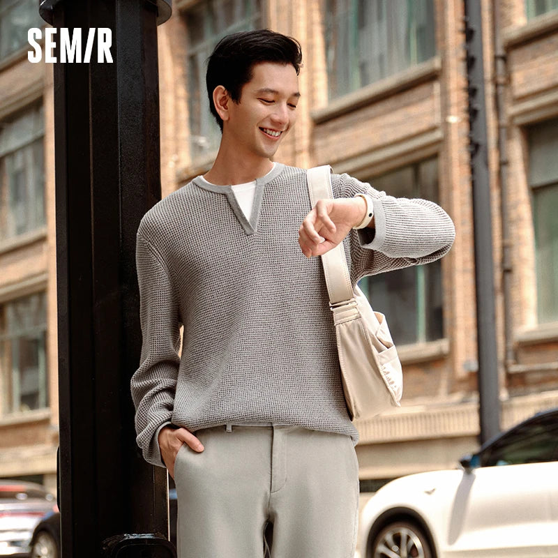 Semir Men Sweater Knit Texture Layered Look Color Block V Neck Layering Essential 2026 Winter Everyday Style Soft Touch