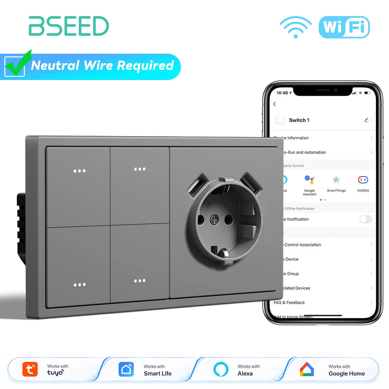BSEED E Series 1/2/3/4Gang 2Way WIFI Light Switch Smart Click Button Switch Plastic With EU Power Socket Tuya Smart Life Control