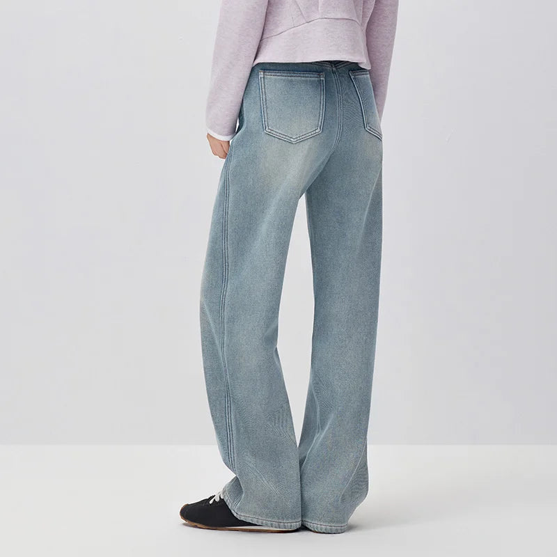 Semir Women Denim Jeans Fleece Lined Vintage Wash Street Style Wide Leg 2026 New Winter Daily Wear Urban Casual Style