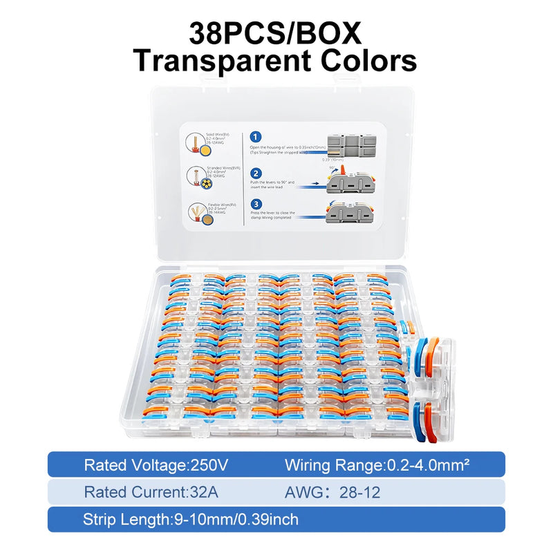 TOMZN YL222 Lever Wire Connectors 38PCS 2In 2Out Quick Splicing Terminal Blocks 32A 250V for 28-12AWG Universal Wire Joiner Kit