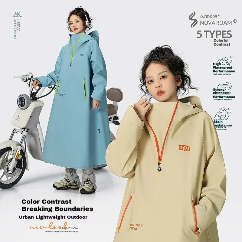 កង់អគ្គិសនីវែងពេញរាងកាយការពារព្យុះភ្លៀងម៉ូតូខាងក្រៅសម្រាប់មនុស្សពេញវ័យថ្មតែមួយជិះកង់ Poncho សម្រាប់បុរសនិងស្ត្រី