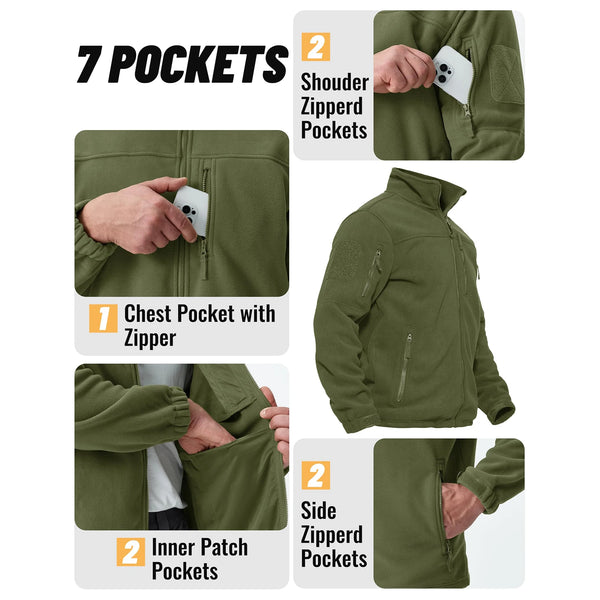 TACVASEN Full Zip Up Green Fleece Jacket Thermal Warm Work Coats Mens Zipper Pockets Casual Hiking Training Outwear Windbreaker