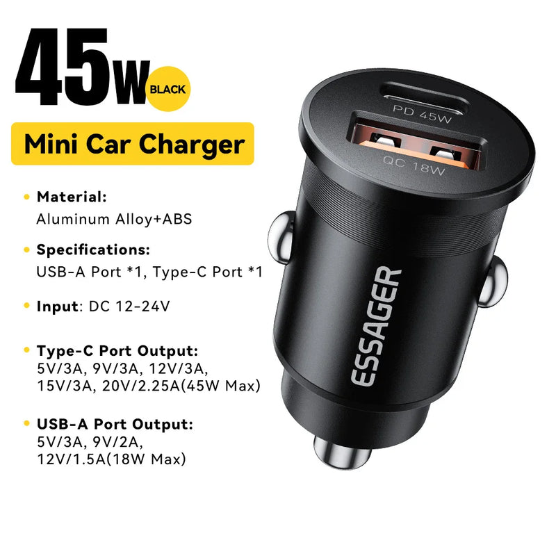 Essager 45W Mini USB Car Charger QC 3.0 PD 3.0 SCP AFC USB Type C Car Mobile Phone Charger For iPhone Huawei Samsung Xiaomi iPad