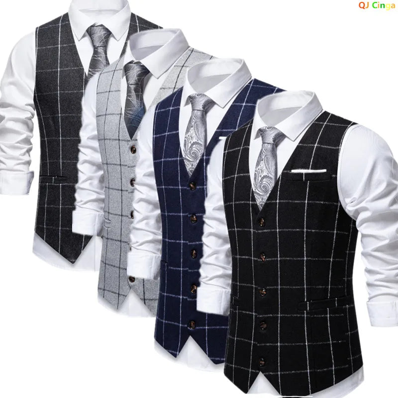 Men's Black Suit Vest; White Checkered Single-breasted V-neck Sleeveless Vests; European Sizes.