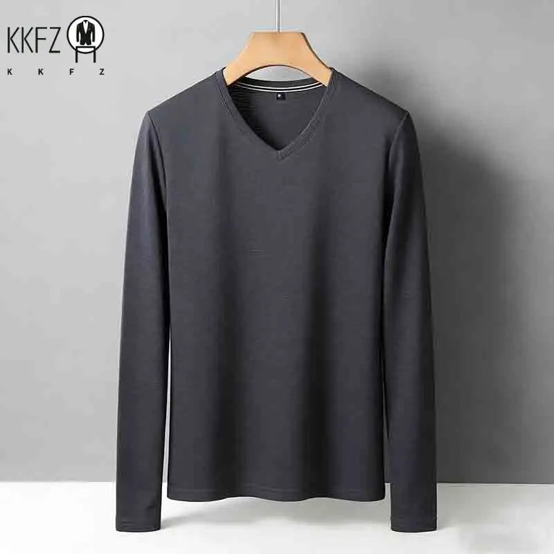 Men's Tan V-neck Long Sleeve Knit Top Classic Solid Color Everyday Outfit for All Ages