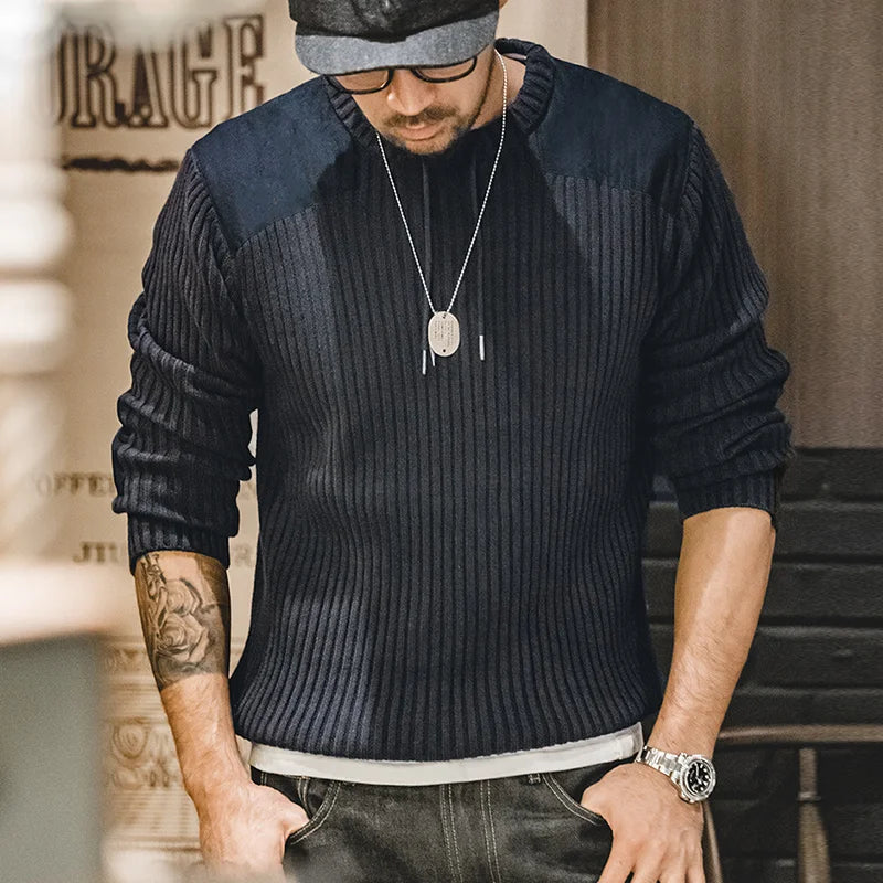 អាវយឺត Maden Vintage Vertical Stripes Splicing Jumper កមូល Slim Tactical Knit Sweater 2023 អាវប៉ាក់បុរស រដូវស្លឹកឈើជ្រុះ រដូវរងា ពណ៌ទឹកសមុទ្រ
