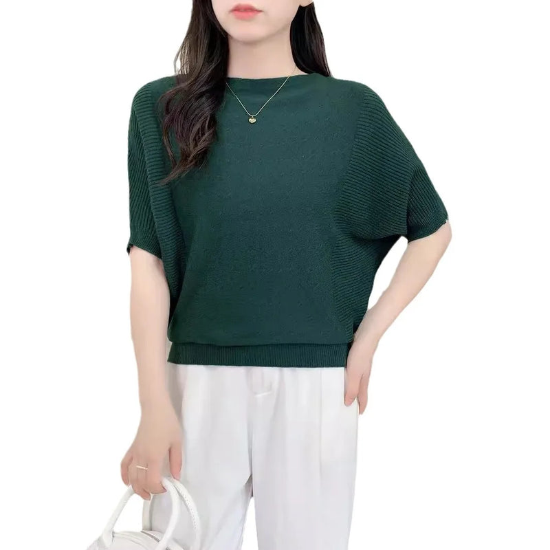 Bat-sleeved Knitted Sweater Women's One-word Collar Top Thin Spring Summer Pullover Shirt Ladies Jumper Pull Femme Knitwear