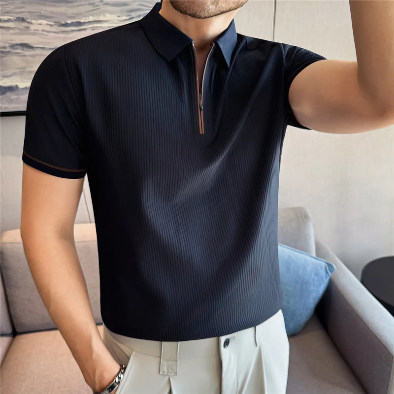 Men's Summer Polo Shirt - Striped, Zip Front, Cooling Fabric Breathable, Sweat-wicking, Casual Daily T-shirt