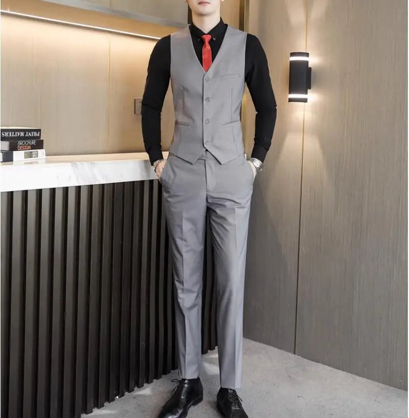 2026 Men's Bright Red V-Neck Sleeveless Vest with Pants, Green Gray Black White Purple Waistcoat and Trousers Asian Size Sets