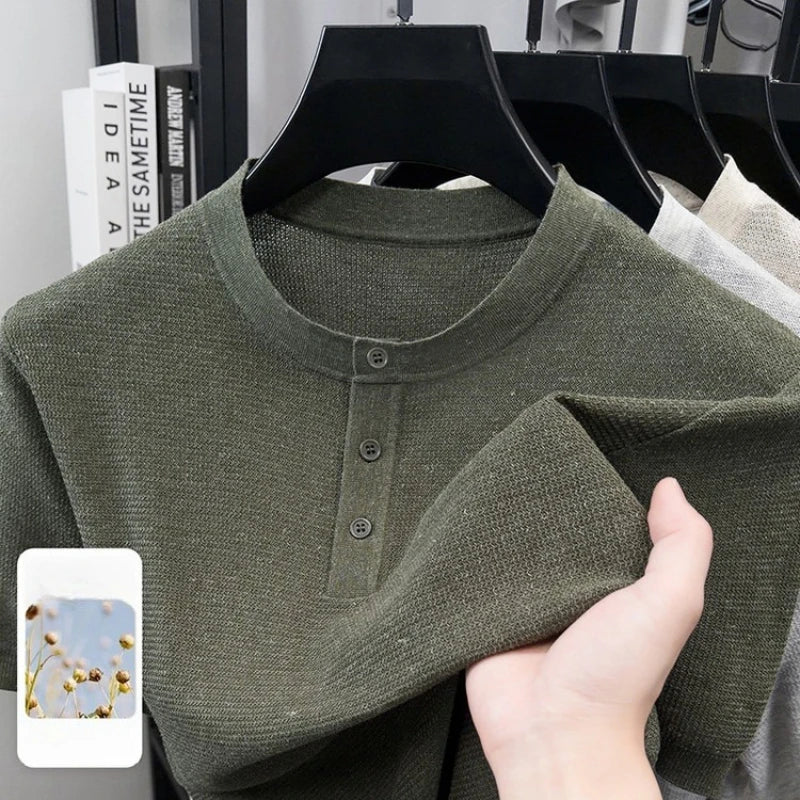Breathable Men's Linen Blend Short Sleeve Henley - Tencel Ribbed Knit | Summer Casual Solid Color Tee
