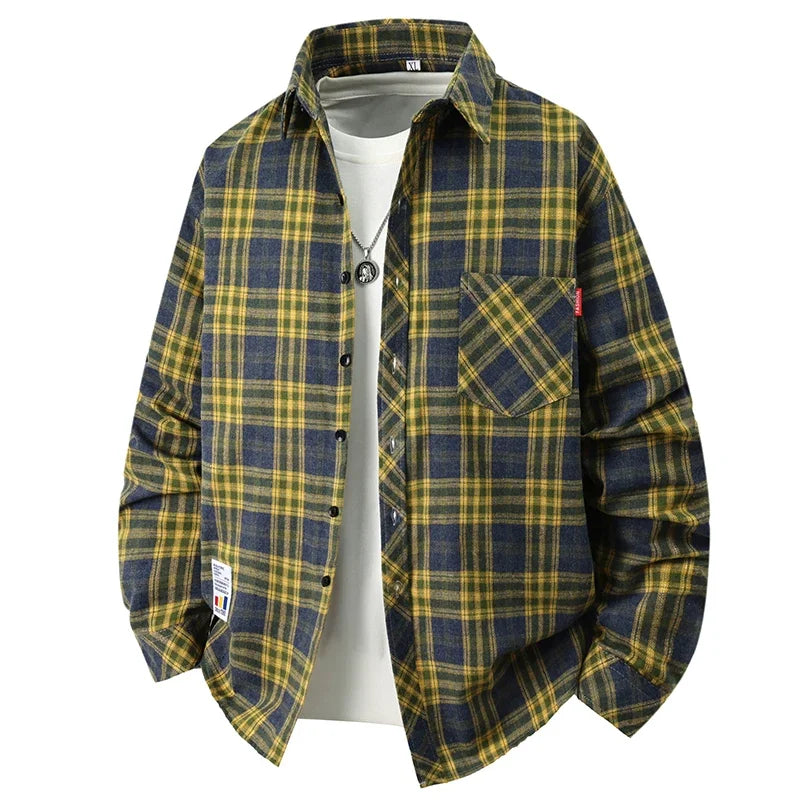 Soft Breathable Check Pattern Shirt Loose Fit Turn Down Collar Pocket Label Autumn Daily Men Casual Outer Blouse