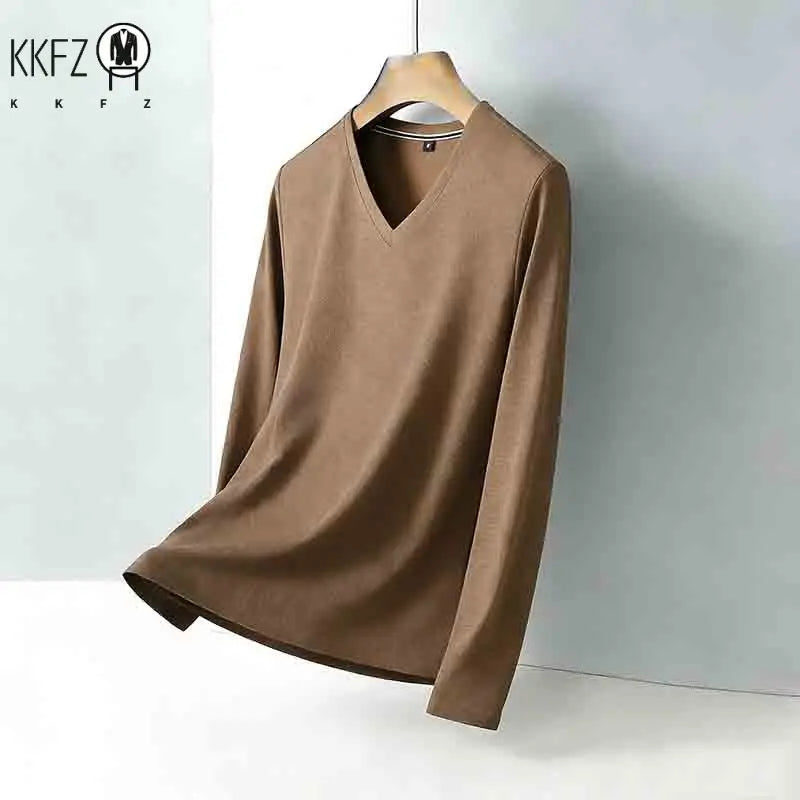 Men's Wrinkle-resistant Brown V-neck Long Sleeve T-shirt Easy Care Breathable Casual Top