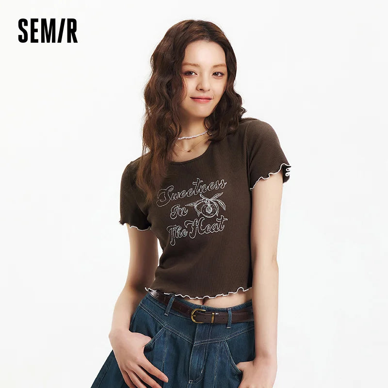 Semir Cut-Out Detail Short Sleeve T-Shirt Women Playful Lace Trim 2025 Summer New Floral Print Top
