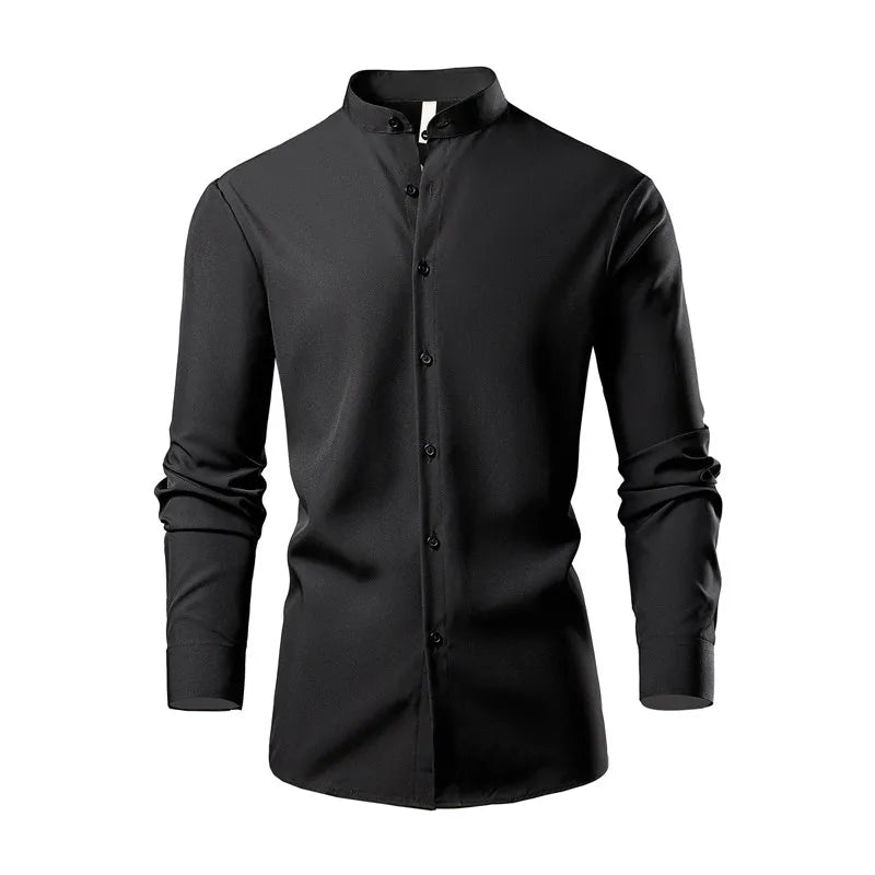 Male Black Stretch Long Sleeve Shirts/Men's High Quality Stand Collar Pure Slim Fit Business Shirt Red White Camisa Man Chemise