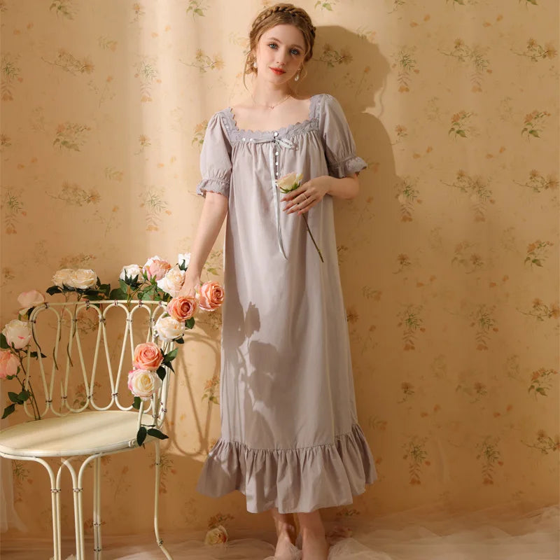 Princess Women Sleepwear One Piece Dress Summer Short Sleeve Pure Cotton Pajamas Dress Night Wear For Ladies Women's Nightgown