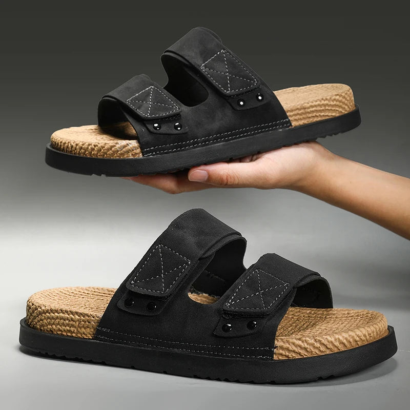 Summer Mens Adjustable Slippers Men Leather Slides Thick Soles Bottom Platform Slippers Sandals Soft Comfortable