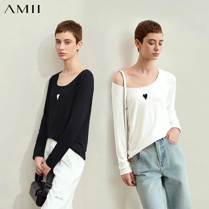 Amii Women's Casual T-shirt 2026 Autumn New Contrast Color Print U-neck T-shirt Female Cotton Basic Long Sleeve Top 12611034