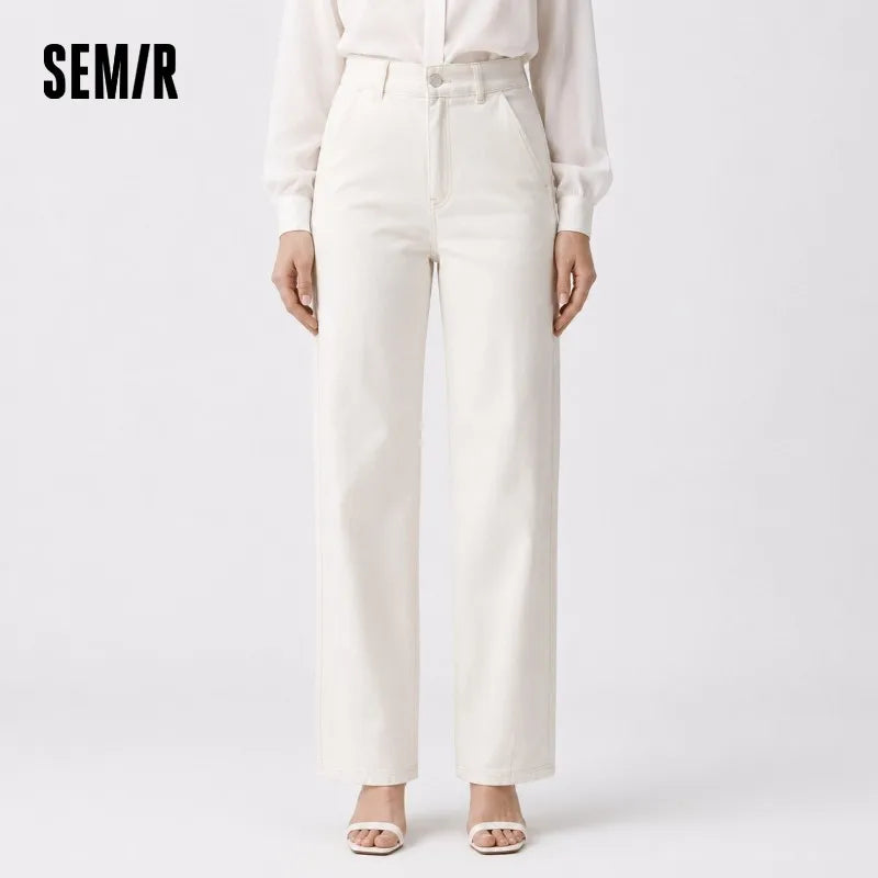 Semir White Jeans Women 2026 Spring Split Curved Blade Relaxed Fit Slimming Trendy Floor Length Casual Trousers