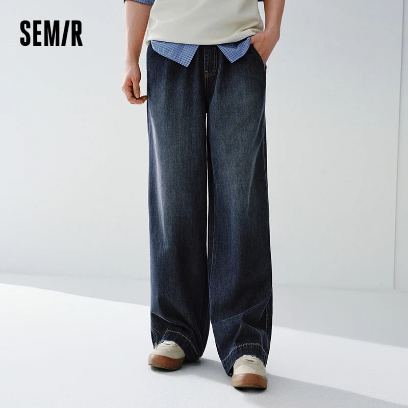 Semir Versatile Jeans Men 2026 Spring Loose Wide Leg Elastic Waist Basic Casual Comfortable Daily Wear Trousers