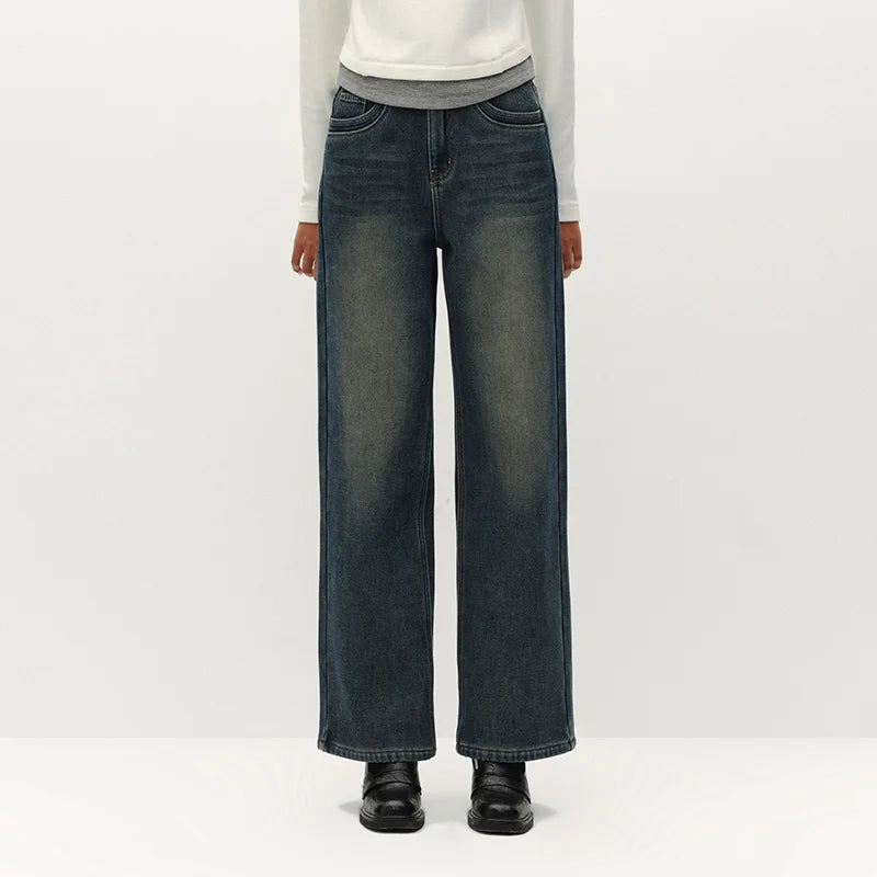 Semir Women Jeans Fleece Lined Wide Leg Washed Finish Warm Insulation Soft Touch 2026 Winter Everyday Style Full Length