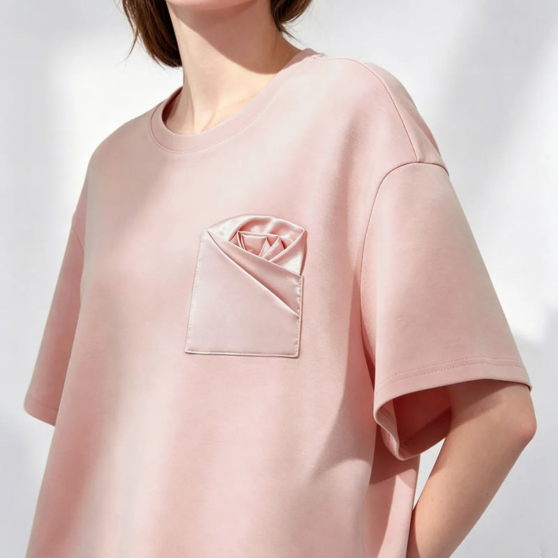 Amii Women's T-Shirt 2026 Summer New Oversized Cotton Short Sleeve Tops Side Slit Mid Length Patch Pocket Tee Shirt 12642037