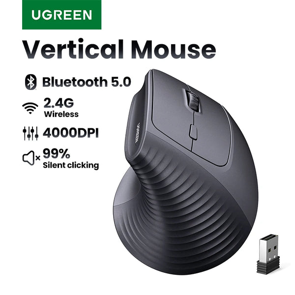 កណ្ដុរឥតខ្សែ UGREEN Bluetooth 2.4G Vertical Wireless Mouse Ergonomic 4000DPI 6 ប៊ូតុងបិទសំឡេង សម្រាប់ MacBook Tablet Laptops