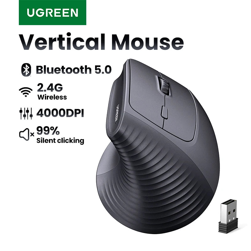 UGREEN Bluetooth 2.4G Vertical Wireless Mouse  Ergonomic 4000DPI 6 Mute Buttons for MacBook Tablet Laptops