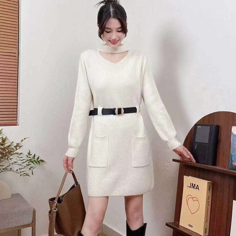Red Knitted Primer Dress for Women's Autumn Winter French Retro Slim Inner Medium Long Sweater Thicken Warm Pullover Dresses