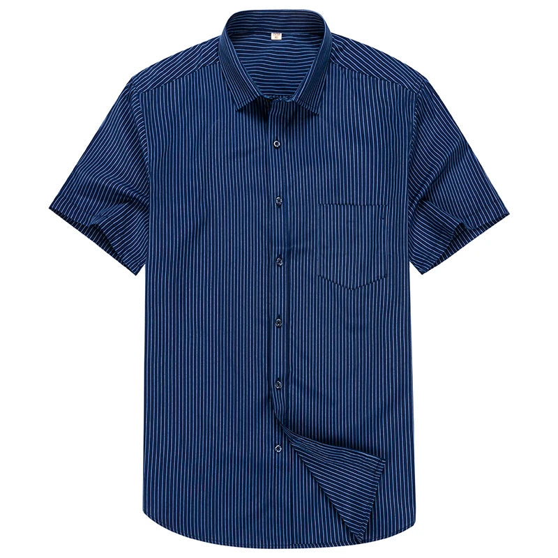 Summer Men's Vertical Striped Short-sleeved Cotton Shirt, Single-breasted Square Collar Shirts with A Pocket on The Left Chest