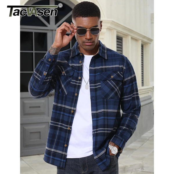 TACVASEN Casual Plaid Shirts Mens Button Up Long Sleeve Flannel Shirts Chest Pocket Shirt Jacket Lightweight Coat Male Outwear