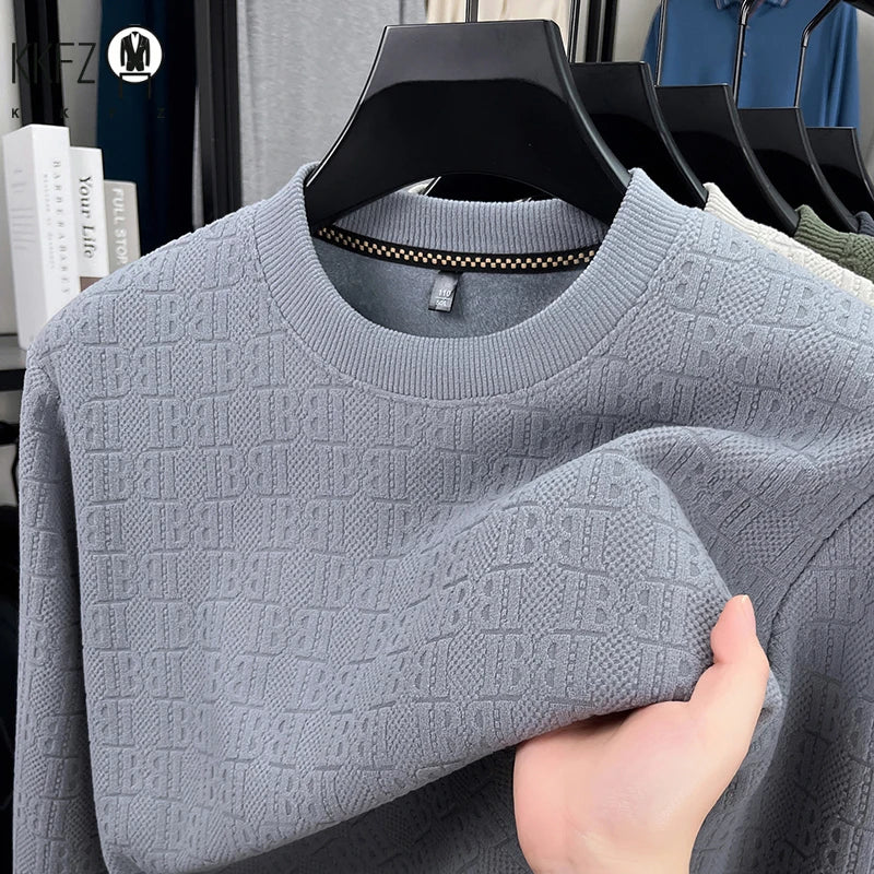 Men Thick Fleece Lined Knit Pullover Long Sleeve Crew Collar Full Embossed Letter Relax Fit Daily Wear Top