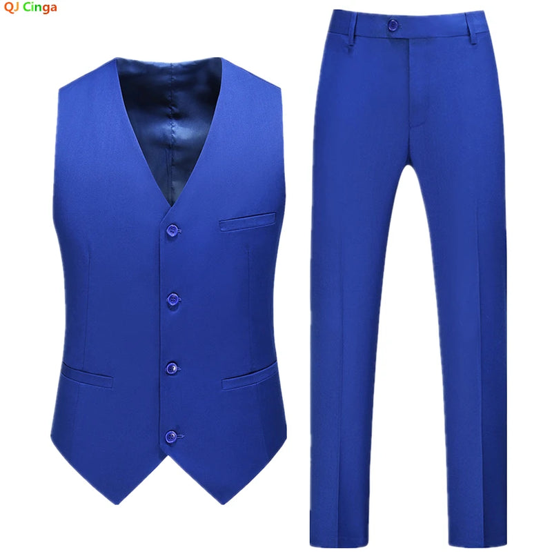 2026 Men's Bright Red V-Neck Sleeveless Vest with Pants, Green Gray Black White Purple Waistcoat and Trousers Asian Size Sets