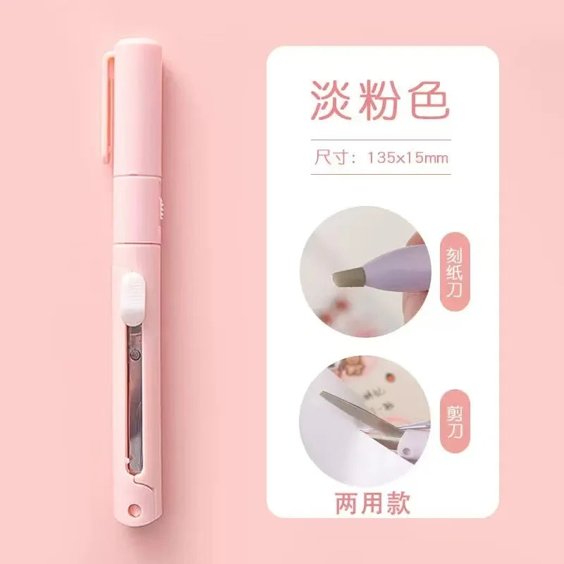1pc Mini Portable Scissors Paper Cutter Knife 2 In 1 Multifunctional Pocket Pen Shape Scrapbooking Carving Cutting Art Tools