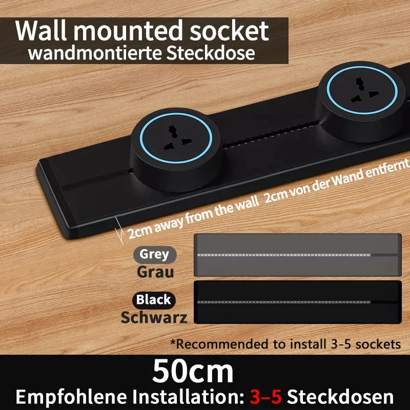Wall power rail socket EU, kitchen aluminum expansion socket 40cm 50cm, built-in socket on countertop