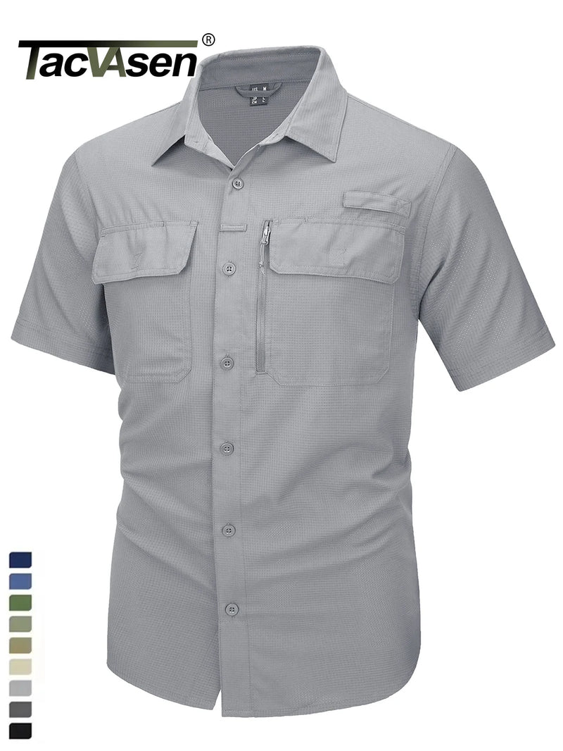 TACVASEN Short Sleeve Fishing Shirts Men's UPF 50+ Sun Protection Cargo Work Shirts Mesh Breathable Quick Dry Hiking Shirts Man