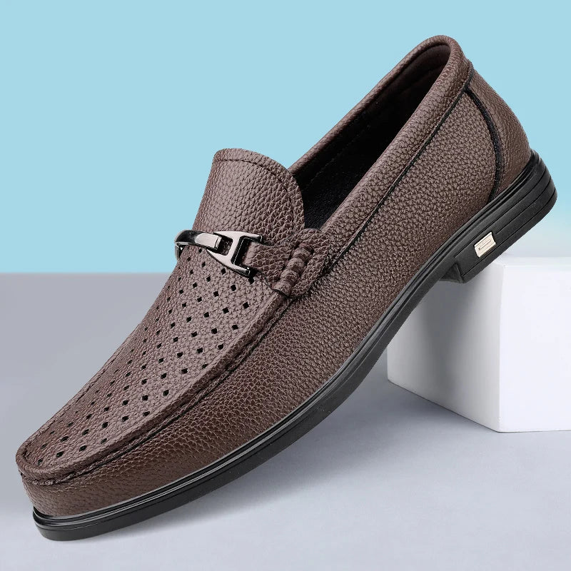 Men Hollow‑out Loafers Thin Leather Slip‑on Dress Shoes Breathable Moccasins Metal Decoration Casual Business Driving Shoes