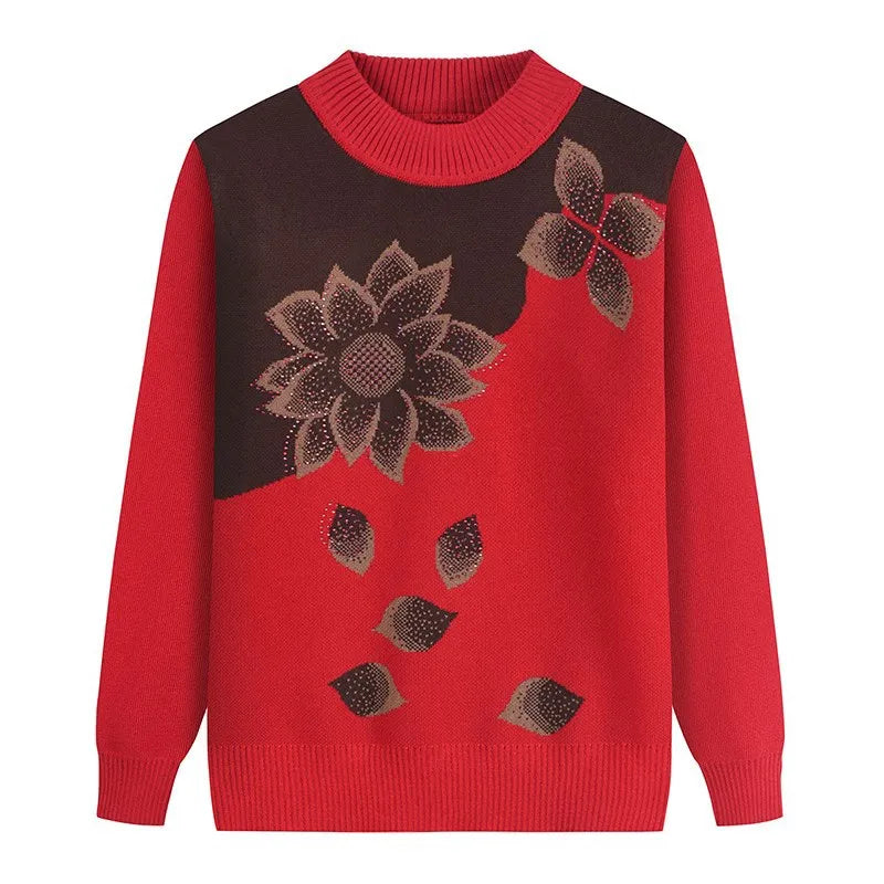 Winter Clothes Grandma Pullover Knitted Sweater Thick Middle-Aged Elderly Mother Bottoming Shirt Velvet Long Sleeve Top Women