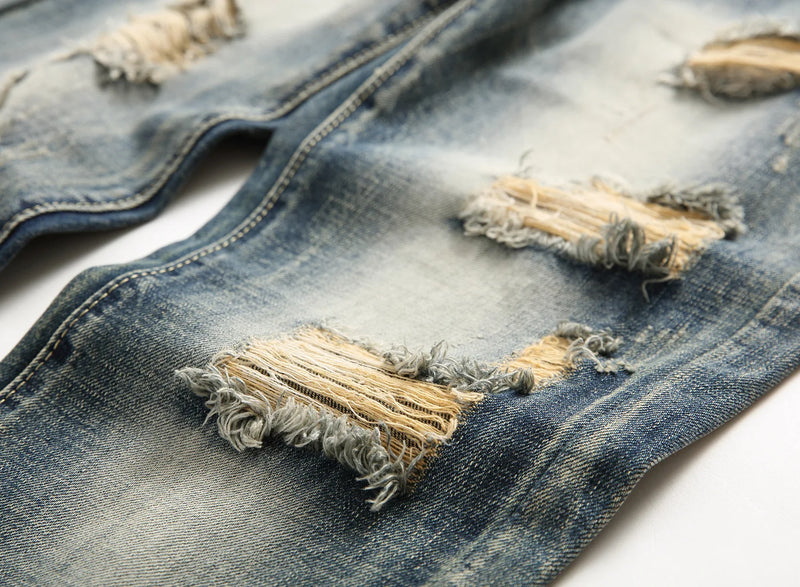Vintage-style Men's Blue Jeans, Distressed Denim Pants, Asian Sizes 28–34 36 38 40 42.